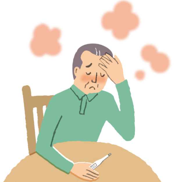 高熱でつらそうな男性のイラスト