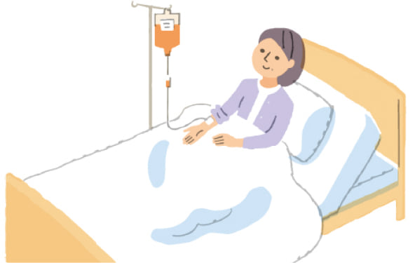 ベッドで点滴（点滴静注）を受けている患者さんのイラスト。