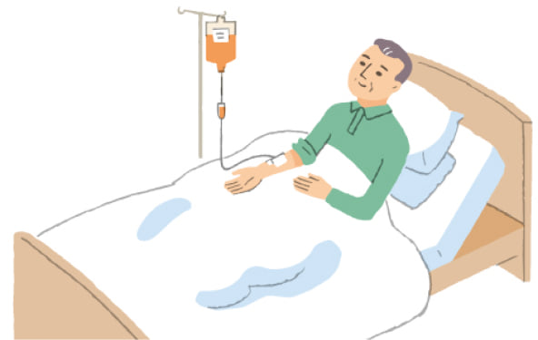 ベッドで点滴（点滴静注）を受けている患者さんのイラスト。
