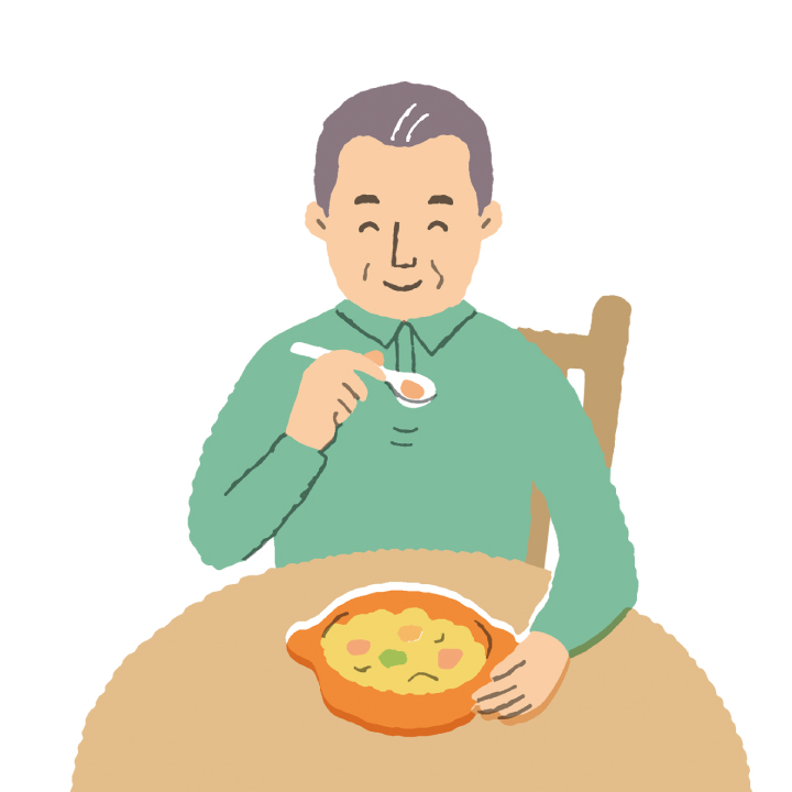 美味しそうに食事を食べる男性患者イラスト