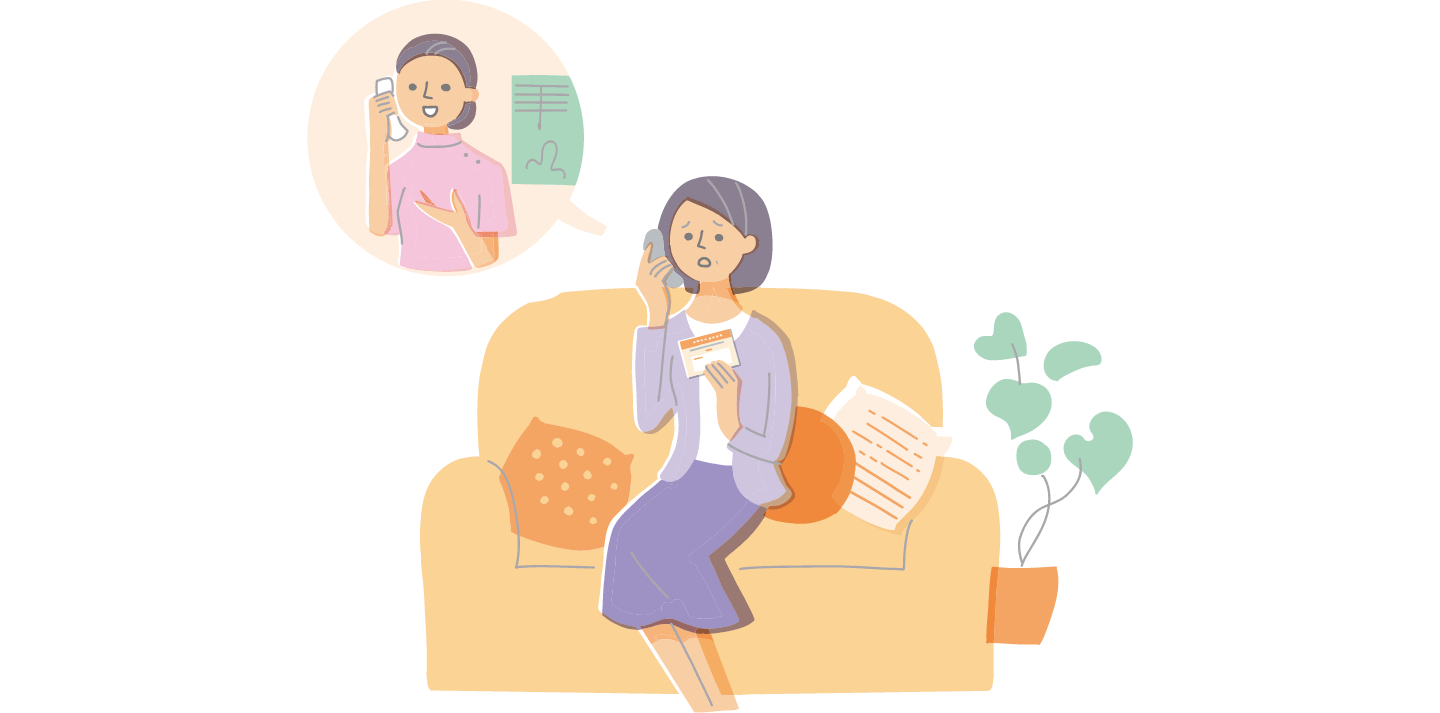「エンハーツ患者携帯カード」を持って、医療従事者からの電話の質問に回答をする女性患者イラスト